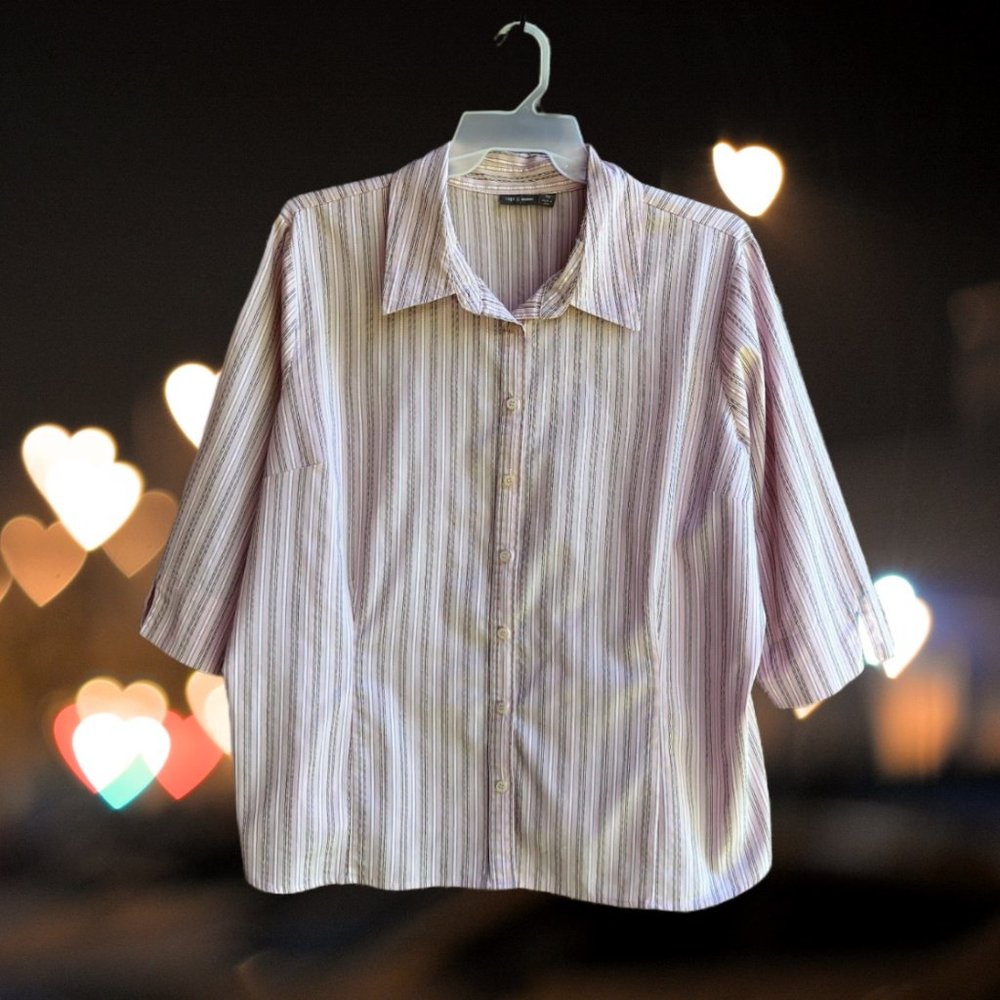Apt. 9 Women's Button Up Top Blouse 3/4 Sleeves Pink Silver Striped Size 3X
